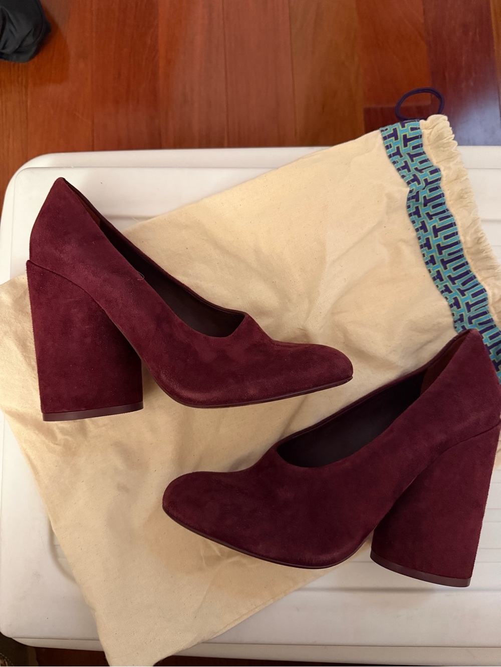 Tory Burch Burgundy Suede Block Heel Pumps